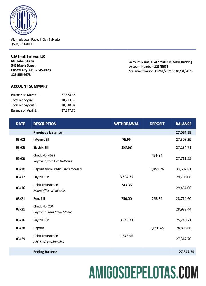 Imprimível Salvadoran Banco Central De Reserva De Salvadoran Firm Account Statement Word And PDF modelo